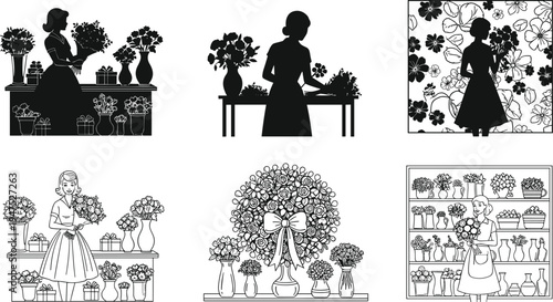 Paper cut style children silhouettes set, kids playing nature garden scenes, storytelling illustration collection, creative black white decorative design