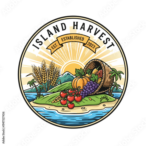 Vibrant harvest cornucopia overflowing with produce on an island with palm trees