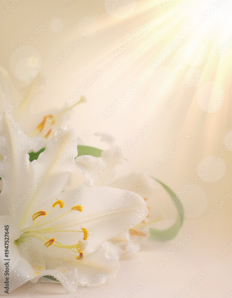 Fototapeta premium Beautiful Easter Sunday Background with Cross, Spring Flowers and Sunrise Light – Christian Resurrection Celebration