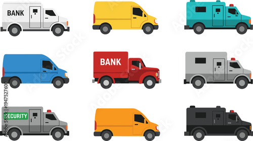 Armored bank security vans and delivery transport vehicles fleet cash transport service vector illustration collection set