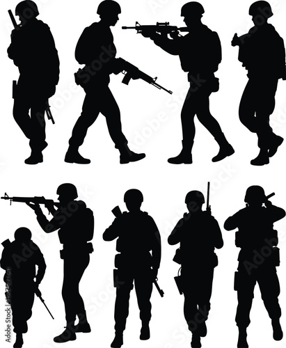 Soldier silhouettes set, military army combat troops with rifles walking aiming poses, tactical soldiers vector illustration collection