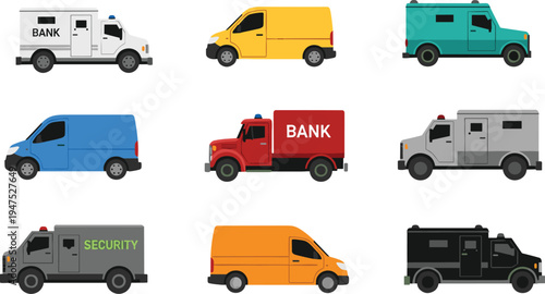 Armored bank security vans and delivery vehicles collection cash transport service transport fleet vector illustration set