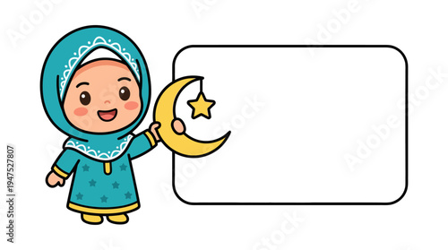 A cartoon girl wearing a blue hijab holds a yellow crescent moon and star sign.