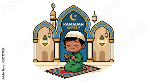 A young boy prays on a vibrant rug in front of an ornate mosque archway during Ramadan.