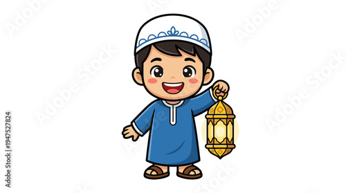 A young boy in traditional attire holds a lantern in a joyful celebration scene