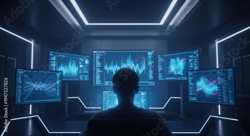 Man looking at multiple computer screens.