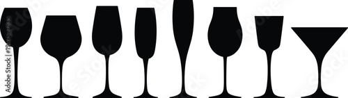 Wine glass silhouettes set, cocktail champagne goblet drinkware collection, bar beverage glasses icons black vector illustration