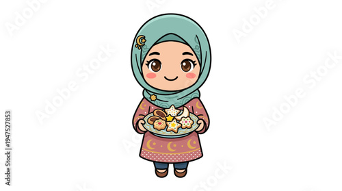 A smiling girl wearing a hijab holds a plate of food