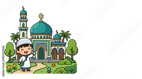 A young boy stands before a vibrant mosque with a green dome in a lush garden.