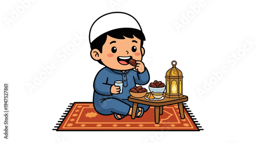A young boy in traditional attire sits on a rug eating dates and drinking.