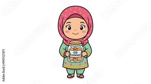 A young girl wearing a pink headscarf and green outfit holds a colorful sign in her hands.