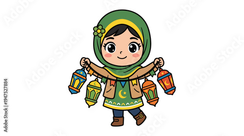 A young girl wearing a green headscarf holds colorful lanterns in both hands outdoors