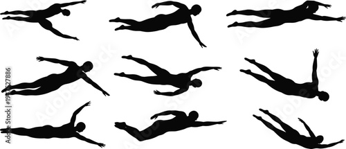 Swimming silhouette icon set, athlete stroke graphics, front crawl and butterfly symbols, water sport figures, black vector, white background
