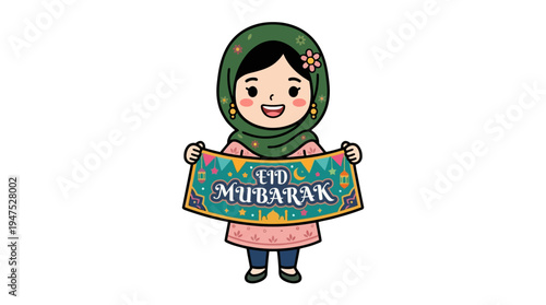 A young girl wearing a green headscarf holds a colorful Eid Mubarak sign.