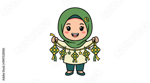 A smiling girl wearing a green hijab holds colorful decorations.