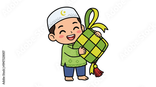 A young boy happily holds a gift wrapped in traditional clothing outdoors