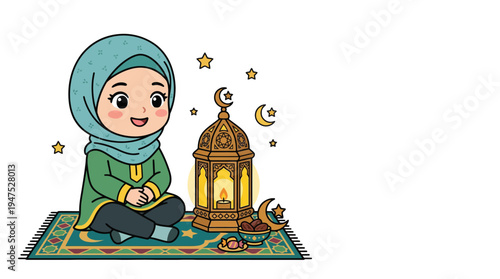 A young girl wearing a hijab sits on a prayer mat next to a lantern on a festive occasion with stars and a crescent moon.