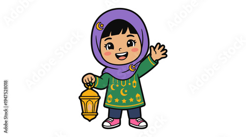 A young girl happily waves while holding a colorful lantern outdoors.