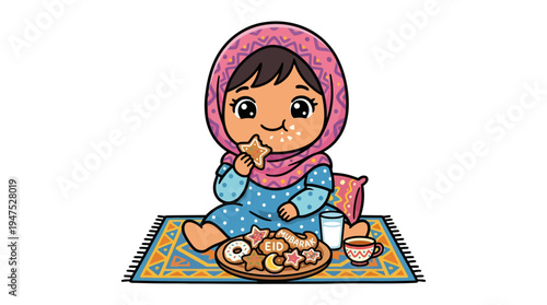 A young girl wearing a headscarf sits on a mat eating food from a plate with a drink