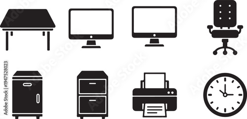 Black and white of office furniture and equipment including a desk, monitors, chair, cabinets, printer, and clock