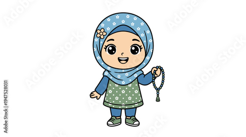 A young girl wearing a blue headscarf holds beads in her hand standing alone