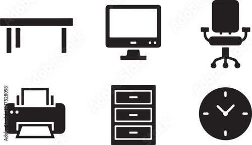 Black and white of office furniture and equipment including desk, computer, chair, printer, filing cabinet, and clock