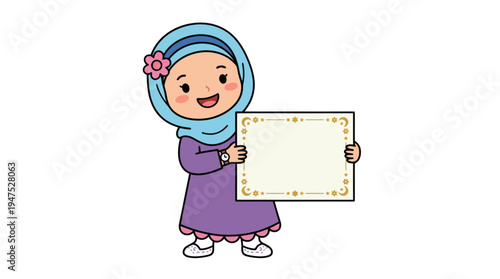 A smiling young girl wearing a hijab holds a blank signboard indoors.