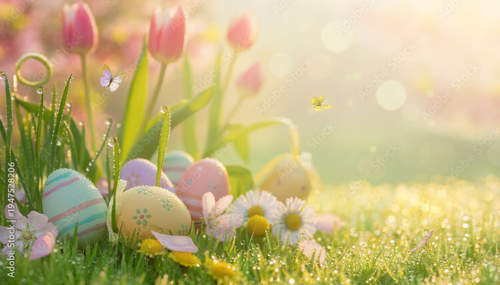 Fototapeta premium Beautiful Easter Sunday Background with Cross, Spring Flowers and Sunrise Light – Christian Resurrection Celebration