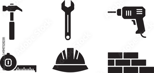 Set of black and white construction tools and equipment including hammer wrench drill tape measure helmet and bricks