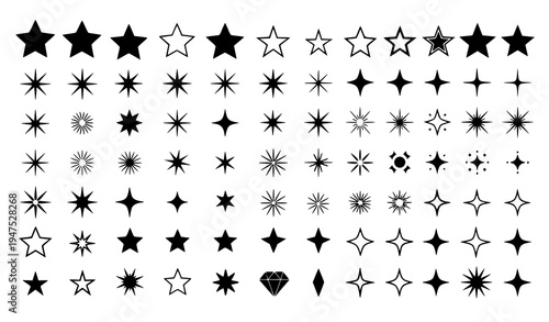 Different star shapes icon pack with sparkle twinkle and starburst symbols vector set