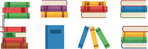 Colorful stacked books collection with different arrangements library education reading study literature vector illustration icon set