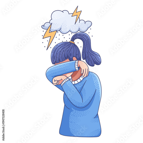 anxious woman hiding her face in her arms, with a stormy cloud and lightning bolts above her head symbolizing emotional turmoil and mental distress.