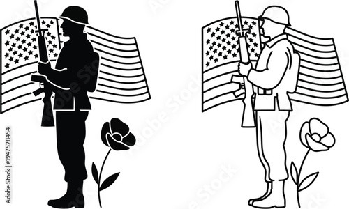 American soldiers with flags and flowers patriotic illustration Vector