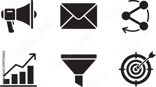 Six black representing marketing and communication concepts black marketing megaphone envelope