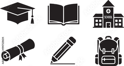 Six black representing education including a graduation cap, open book, school building, diploma, pencil, and backpack