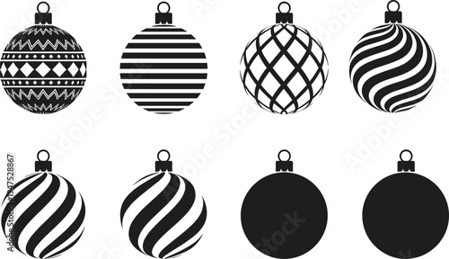 Christmas ornament ball silhouettes with decorative striped patterns holiday baubles festive hanging decoration vector icon set illustration