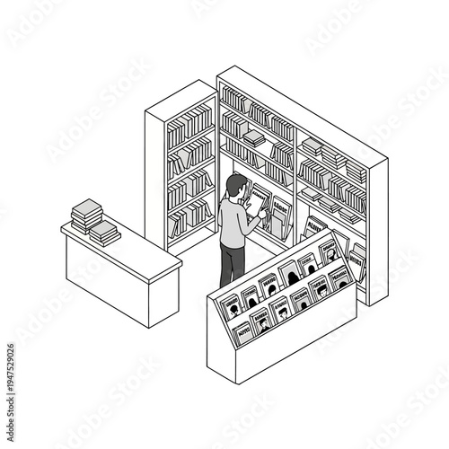 Isometric illustration of a person browsing books.
