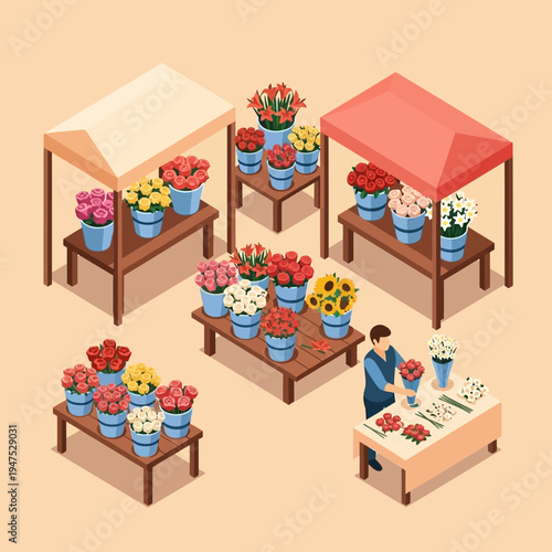 Isometric illustration of a vibrant flower market.