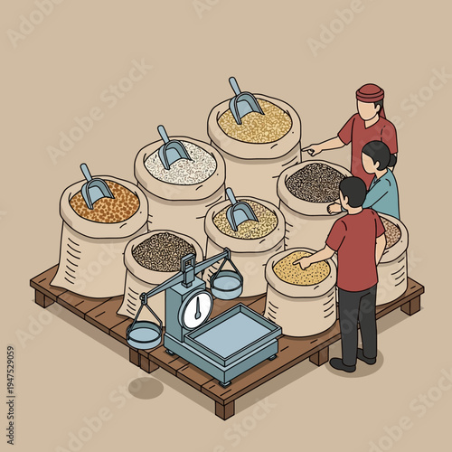 Two people weighing grains on a scale.