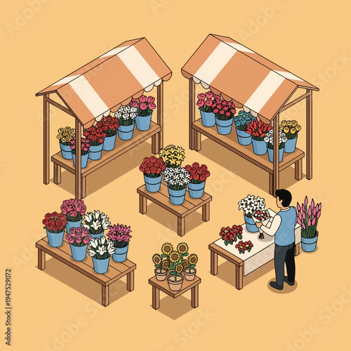 Isometric illustration of flower market stand.