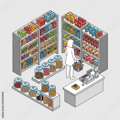 Isometric illustration of a grocery store.