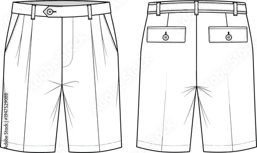 Men tailored shorts front and back view fashion technical flat sketch apparel garment vector template illustration