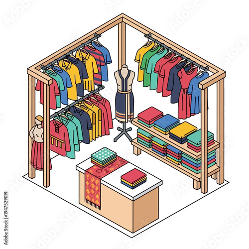 Colorful clothing store interior with racks.