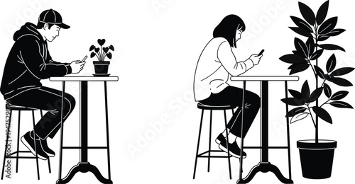 Modern lifestyle illustration, people using mobile devices, digital study environment, indoor plants decor, casual seating, technology focus, contemporary social scene