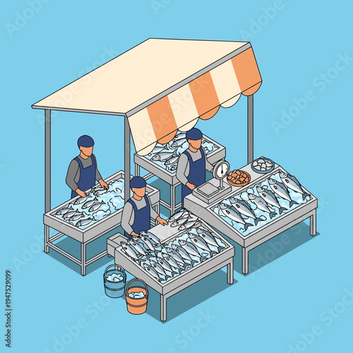 Isometric illustration of fish market workers.