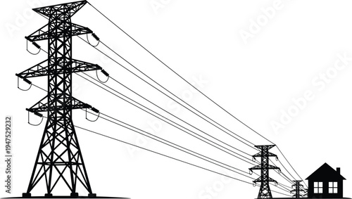 Electricity transmission tower with high voltage power lines supplying residential house energy grid infrastructure silhouette vector illustration