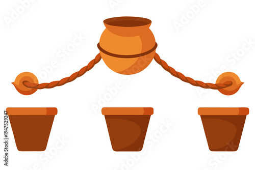 A vector graphic illustration of a hanging pot and three small planters