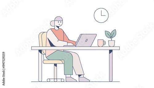 Muslim woman working remotely with laptop, enjoying a coffee break while focusing on her online tasks, an illustration of productivity and modern work-life balance