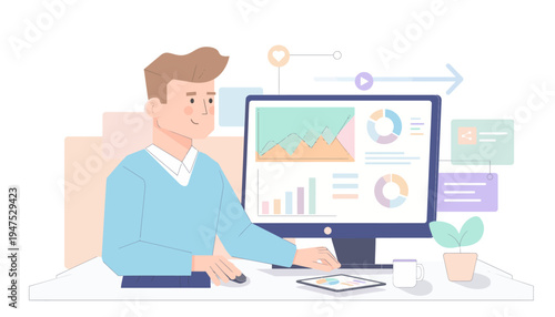 Man working on computer analyzing charts and graphs, modern business analytics and data visualization