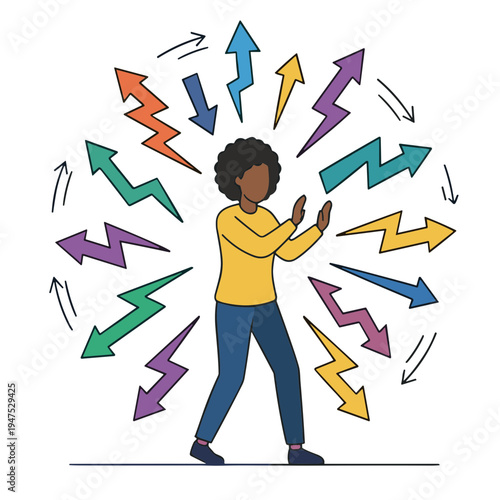 Person surrounded by colorful arrows and lightning bolts in air